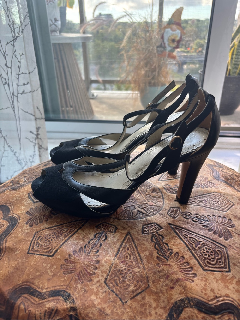 Brooks Brothers Black T-Strap Peep-Toe Heels with Ankle Buckle